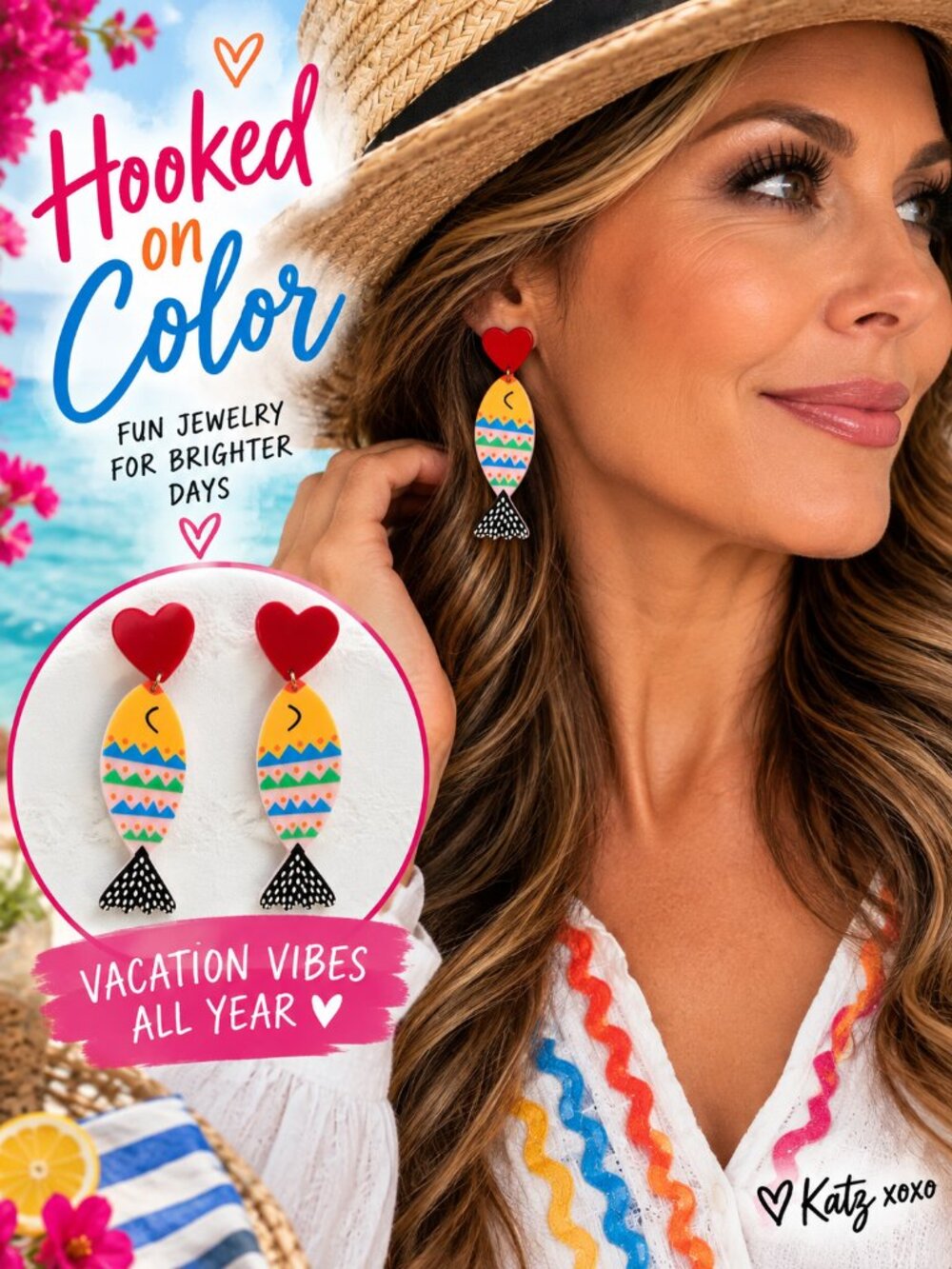 Colorful Fish Earrings Red Heart Acrylic Dangles Coastal Art Statement Jewelry